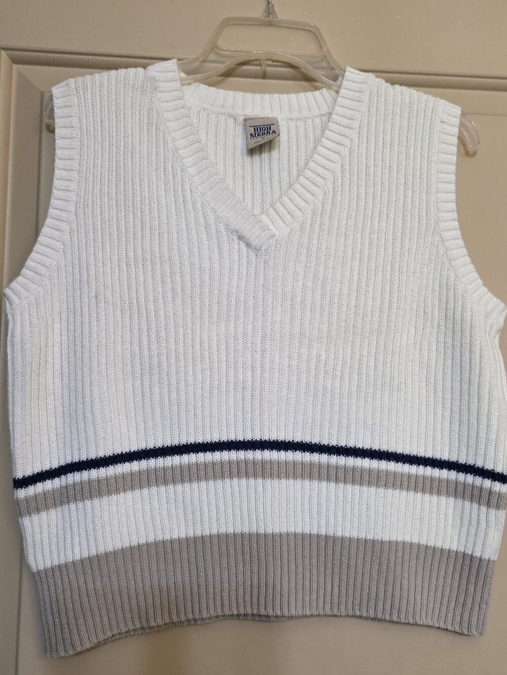 Vtg 90s High Sierra Ribbed Sweater Vest Medium Ramie Cotton Striped Grandpa Core